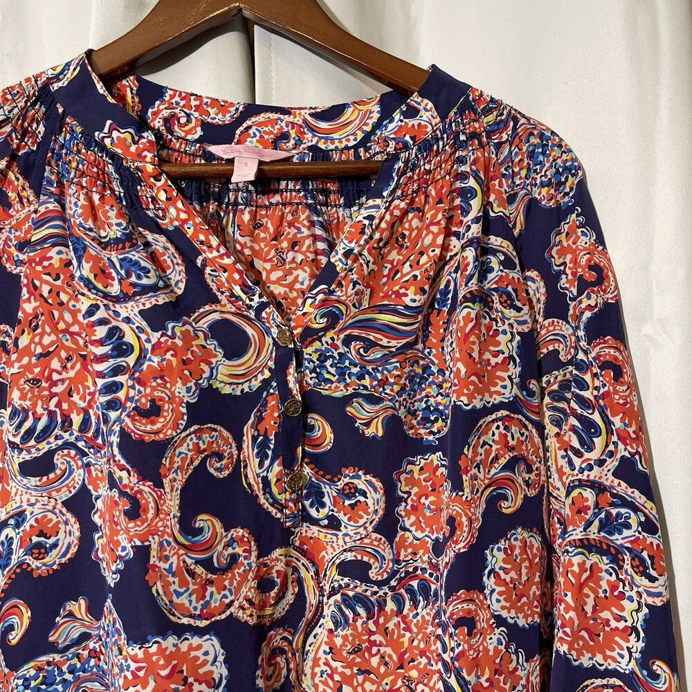 Lilly Pulitzer 100% Silk‎ Elsa Popover Top Peasant Paisley Boxy Fit Women’s Sz S